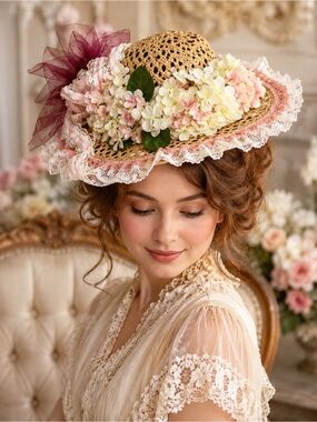 Vintage Handmade Straw Garden Hat Floral Lace Romantic Cottagecore OOAK